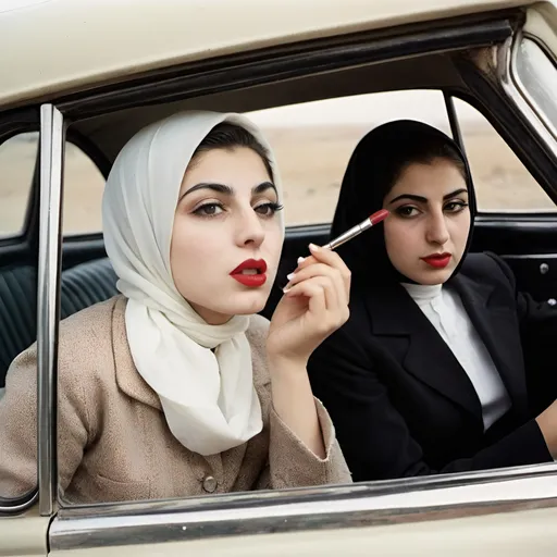 Prompt: A 25-year-old girl in Iran at the time of Reza Shah Pahlavi with white skin while her style is vintage is applying lipstick and looking at her face in the car mirror.Make sure that the form of the lipstick is very appropriate and accurate. He looks at himself in the mirror