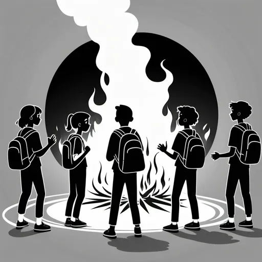 Prompt: a black and white animation style of a secondary school students by a burring fire in a circle