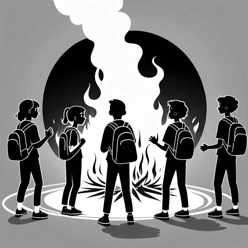 Prompt: a black and white animation style of a secondary school students by a burring fire in a circle