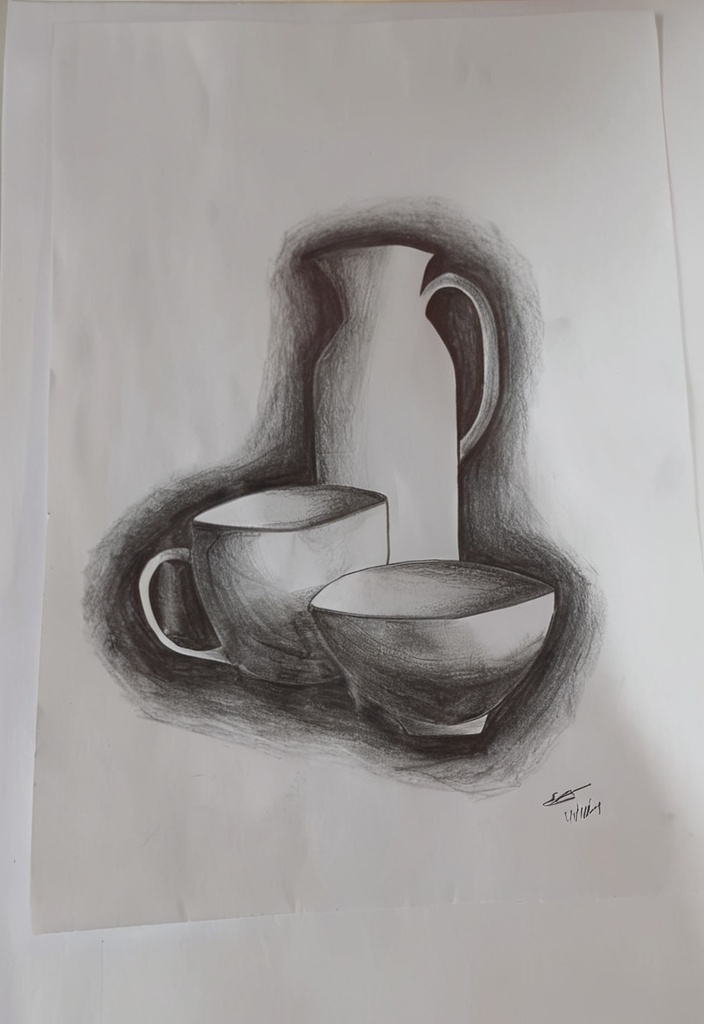 Prompt: a drawing of a coffee cup and saucer on a piece of paper with a vase in the background, Art & Language, academic art, perfectly shaded, a charcoal drawing