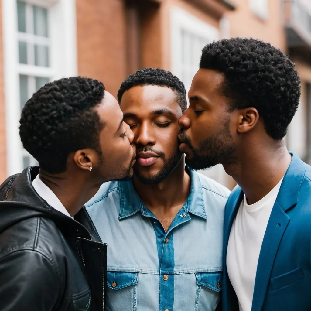 Prompt: kissing black man infront of his two friends 