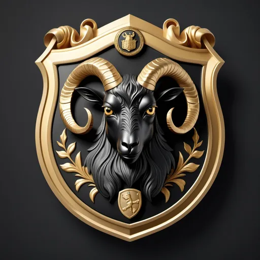 Prompt: A black badge in the shape of a coat of arms surrounded by a golden edging. Badge inlaid with a gold goat's head.
Realistic and high quality.