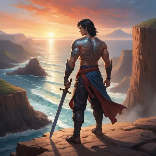 Prompt: Meet Kai, the embodiment of determination and resilience. Kai is a tall, muscular figure with a rugged charm and an aura of quiet confidence. His jet-black hair is swept back, framing a strong, chiseled jawline, and his piercing blue eyes reflect the depths of his unwavering resolve.

In our scene, Kai stands atop a windswept cliff, overlooking a vast expanse of ocean that stretches out to the horizon. The sun is setting in a blaze of fiery colors, casting long shadows across the rugged landscape. The salty breeze whips at Kai's clothes, but he stands firm, undeterred by the elements.

Clad in weather-beaten leather armor, Kai cuts an imposing figure against the backdrop of the setting sun. His sword is sheathed at his side, a silent testament to his readiness to face any challenge that comes his way. Despite the scars that crisscross his arms and torso, Kai wears a serene smile, a reflection of the inner peace he has found through his trials.

As Kai gazes out at the endless expanse of ocean, a sense of purpose fills his heart. He knows that the journey ahead will be long and arduous, but he is undaunted. With each step forward, he will grow stronger, more resilient, and more determined to overcome whatever obstacles lie in his path.

With a deep breath, Kai sets off into the fading light, his footsteps echoing against the rocky terrain. His journey may be fraught with danger and uncertainty, but he knows that he possesses the strength and courage to face whatever challenges come his way.

For Kai, the adventure is not just about reaching the destination, but about embracing the journey and discovering the true depths of his own inner strength. With unwavering determination and a heart full of courage, Kai strides forward into the unknown, ready to write his own destiny.