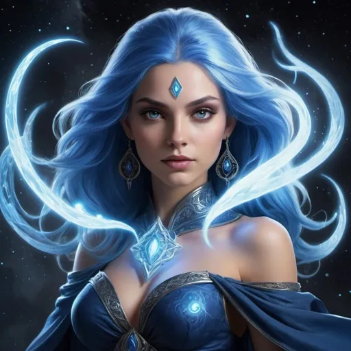 Prompt: Meet Elara, a sorceress whose presence is as mesmerizing as the shimmering auroras she commands. With cascading waves of midnight-blue hair that seem to flow like liquid magic, she exudes an aura of otherworldly beauty and power.

Elara's eyes, a mesmerizing shade of sapphire, gleam with an inner light that reflects the depths of her mystical abilities. They hold a wisdom born of centuries of study and practice, as well as a hint of mischief that hints at the playful spirit hidden beneath her serene exterior.

Clad in robes woven from threads of moonlight, Elara moves with a grace that is both regal and ethereal. The fabric shimmers with an iridescent glow, shifting hues with each movement and casting subtle enchantments on all who behold her.

But it's not just Elara's appearance that marks her as a sorceress of great renown; it's her mastery over the arcane arts and her connection to the natural world. With a wave of her hand and a whispered incantation, she can summon storms from the heavens, breathe life into inanimate objects, and commune with the spirits of the earth.

Despite the awesome power at her command, Elara is a figure of compassion and empathy. She uses her abilities not for personal gain or glory, but to protect the innocent and preserve the balance of nature. Her heart is filled with a deep reverence for the world around her, and she seeks to use her gifts to heal, nurture, and inspire.

For Elara, magic is not just a source of power; it is a sacred bond that connects her to the world and all its wonders. With each spell she casts, each ritual she performs, she draws closer to the true essence of her being, unlocking the secrets of the cosmos and embracing her destiny as a guardian of the natural order.
