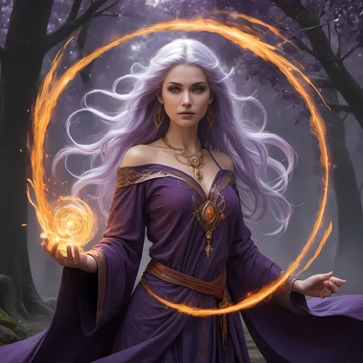 Prompt: Meet Lyra, a sorceress whose presence is as captivating as the dancing flames she conjures. With flowing locks of crimson that cascade down her back like a river of fire, she exudes an aura of passion and power.

Lyra's eyes, a mesmerizing shade of amber, hold the wisdom of ancient spells and the secrets of forgotten realms. They sparkle with an inner fire, reflecting the intensity of her magical abilities and the depth of her understanding of the arcane.

Clad in robes of deep violet, woven with threads of silver and gold, Lyra moves with a grace that is both hypnotic and commanding. The fabric swirls around her like smoke, trailing behind her in a mesmerizing dance that mirrors the movements of her spellcasting.

But it's not just Lyra's appearance that sets her apart; it's her mastery over the elements and her connection to the forces of nature. With a flick of her wrist and a whispered incantation, she can summon storms from the skies, command the earth to tremble, and breathe life into the very flames themselves.

Despite the awesome power at her command, Lyra is a figure of compassion and empathy. She uses her abilities not for personal gain or glory, but to protect the innocent and defend the balance of the natural world. Her heart is filled with a deep reverence for the earth and all its inhabitants, and she seeks to use her gifts to heal, nurture, and inspire.

For Lyra, magic is not just a tool; it is a sacred bond that connects her to the world and all its wonders. With each spell she casts, each incantation she intones, she draws closer to the true essence of her being, unlocking the mysteries of the universe and embracing her destiny as a guardian of the ancient traditions.