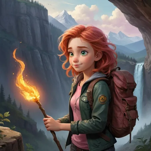 Prompt: Meet Luna, the fearless adventurer with a heart of gold and a spirit that knows no bounds. Luna is a young woman with fiery red hair that cascades down her back like a waterfall of flames. Her eyes, a mesmerizing shade of emerald green, sparkle with determination and curiosity.

In our scene, Luna stands at the edge of a towering cliff, overlooking a vast, untamed wilderness stretching out before her. The sun is just beginning to rise, casting a golden glow across the landscape and painting the sky in hues of pink and orange. A light mist hangs in the air, adding an ethereal quality to the scene.

Despite the daunting drop below her, Luna wears a confident smile on her face. She's dressed in rugged yet stylish outdoor gear, complete with a weather-beaten leather jacket adorned with patches from her many adventures. At her side, she carries a trusty backpack filled with essentials for her journey ahead.

In one hand, Luna holds a worn map, her finger tracing a route through the wilderness with practiced ease. In the other hand, she grips a walking stick, a symbol of her determination to forge her own path, no matter the obstacles in her way.

As Luna takes a deep breath and prepares to take her first step forward, a sense of excitement and anticipation fills the air. She knows that the road ahead will be challenging, full of twists and turns, but she's ready for whatever adventures await her.

With unwavering courage and an indomitable spirit, Luna sets off into the wilderness, ready to explore new lands, encounter new challenges, and discover the true depths of her own strength and resilience. For Luna, the journey is just beginning, and the world is hers for the taking.