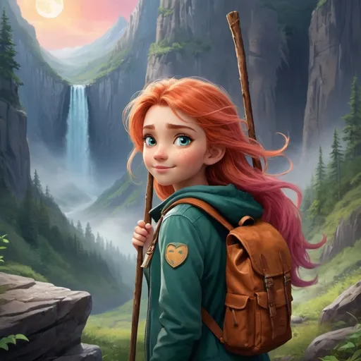 Prompt: Meet Luna, the fearless adventurer with a heart of gold and a spirit that knows no bounds. Luna is a young woman with fiery red hair that cascades down her back like a waterfall of flames. Her eyes, a mesmerizing shade of emerald green, sparkle with determination and curiosity.

In our scene, Luna stands at the edge of a towering cliff, overlooking a vast, untamed wilderness stretching out before her. The sun is just beginning to rise, casting a golden glow across the landscape and painting the sky in hues of pink and orange. A light mist hangs in the air, adding an ethereal quality to the scene.

Despite the daunting drop below her, Luna wears a confident smile on her face. She's dressed in rugged yet stylish outdoor gear, complete with a weather-beaten leather jacket adorned with patches from her many adventures. At her side, she carries a trusty backpack filled with essentials for her journey ahead.

In one hand, Luna holds a worn map, her finger tracing a route through the wilderness with practiced ease. In the other hand, she grips a walking stick, a symbol of her determination to forge her own path, no matter the obstacles in her way.

As Luna takes a deep breath and prepares to take her first step forward, a sense of excitement and anticipation fills the air. She knows that the road ahead will be challenging, full of twists and turns, but she's ready for whatever adventures await her.

With unwavering courage and an indomitable spirit, Luna sets off into the wilderness, ready to explore new lands, encounter new challenges, and discover the true depths of her own strength and resilience. For Luna, the journey is just beginning, and the world is hers for the taking.