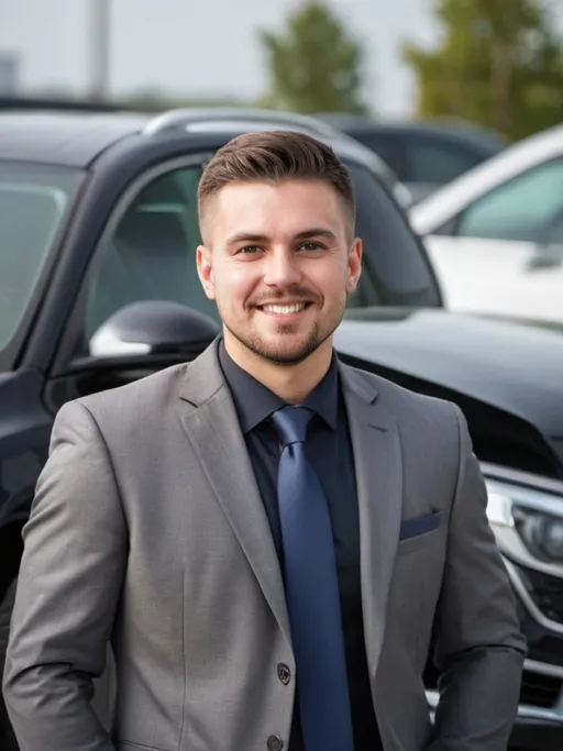 Prompt: Male face in a suit for a business linked in account profile photo full body photo in a car dealership