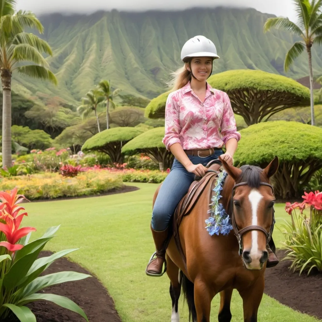 Prompt: create a beautiful horse in a botanical garden in hawaii with a rider that is in an english saddle
