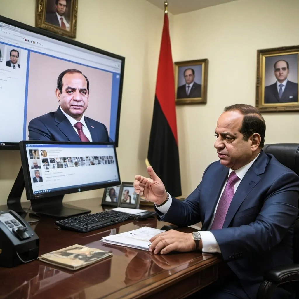 Prompt: "An imaginative image of President Abdel Fattah El-Sisi, reflecting a mix off fear and determination, sits at his desk in a well-lit office. In front of him, a large computer screen displays a timeline of his old Facebook posts. With a mouse in one hand and a worried expression on his face, he carefully selects and erases each post, fearing potential scandals or misunderstandings that could arise from their public visibility