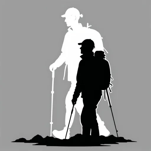 Prompt: a white and black silhouette, without gradient, just white and black, of a man walking with outdoor gear including a trekking pole on his right-hand.

more details:
the man has a hat on his head,
the man wear glasses.