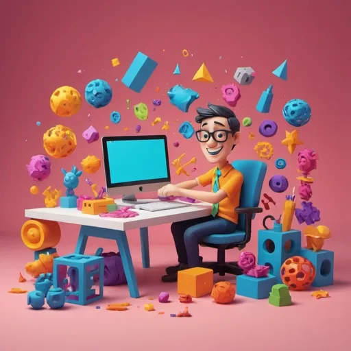 Prompt: Playful cartoon character, working at a computer, surrounded by 3D printed objects and stickers, some of which are stuck to the character, vibrant and cheerful, high quality, cartoon style, vivid colors, comical expressions, 3D printed objects, vibrant and cheerful, playful, cartoon style, vivid colors, comical expressions, high quality