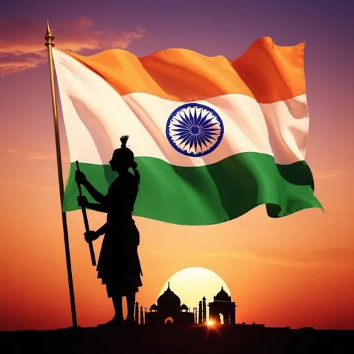 Prompt: 78th India Independence day describing whole India dont include people but sillehoute and flag.