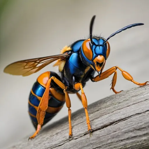 Prompt: Orange and royal Blue Hornet attacking