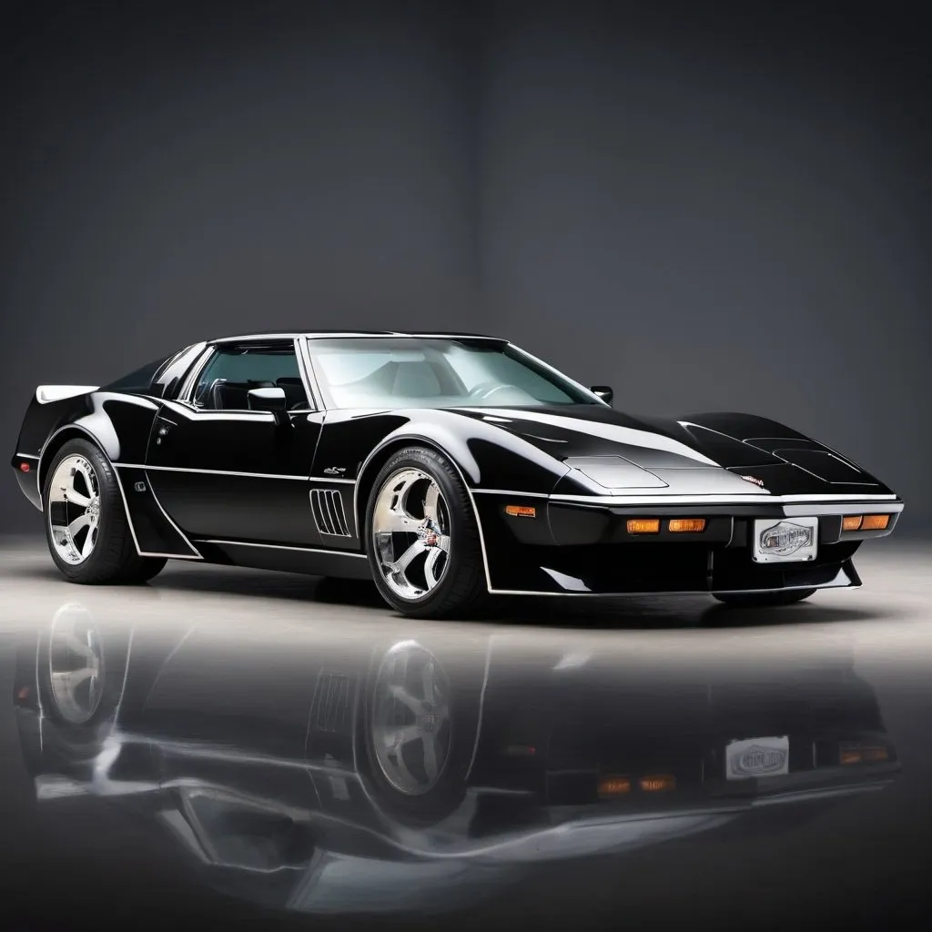 Prompt: a car that blends the designs of a c4 corvette and a detomaso pantera in black paint