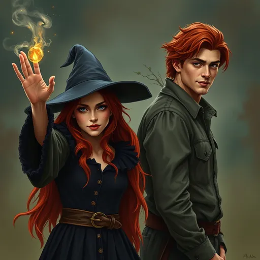 Prompt: A red headed witch using her hand to cast a spell and a handsome guy at her back