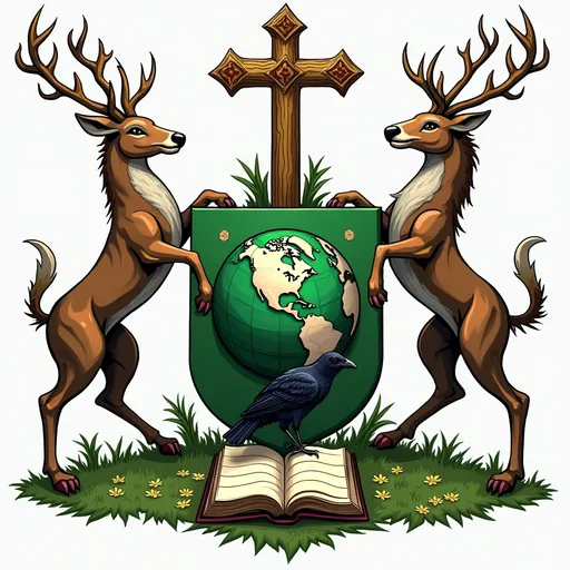 Prompt: Emerald coat of arms with deers on the sides and the world, a raven,  an open book and the Christian cross on the coat of arms