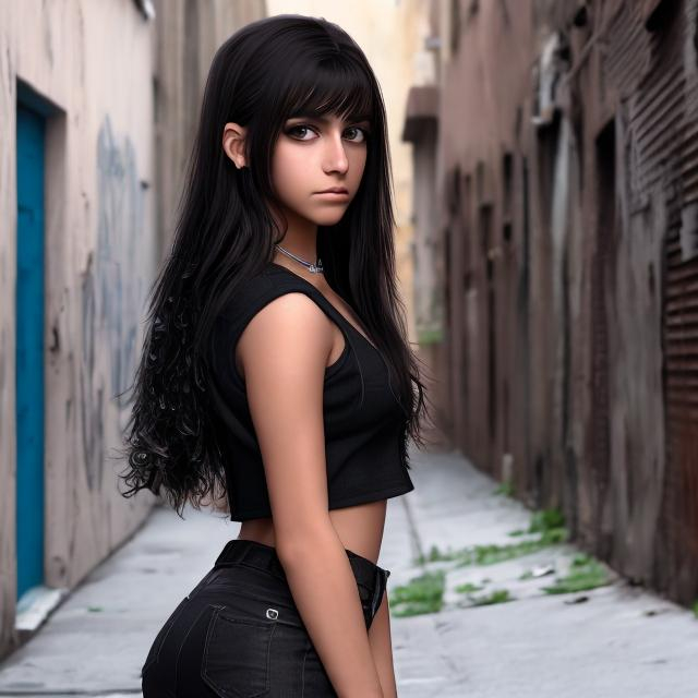 Prompt: Ultra realistic, UHD, young latina, Bad girl, mean eyes, school girl uniform, black wet hair, dark backalley