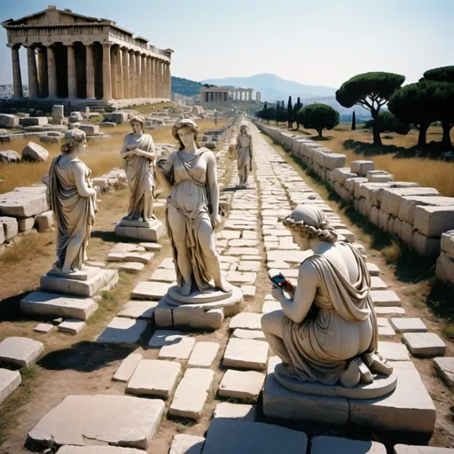 Prompt: Create an image of a group of   female Greek statue of civil engineer role surveing roman stone routh with nowaday intruments in the context of ancient Rome before Christ, doing and engaged in surveying dimentioning exploring and constructing a stone road. The statue must be using modern surveying tools, such as total station and Teodolite or GPS and advanced measuring instruments. roman stone Road in the line head to pathenon background, The image should be a full-body, wide-angle panorama view proportion 16:9 and appear as if taken with Kodak color film, giving it a classic and timeless feel.