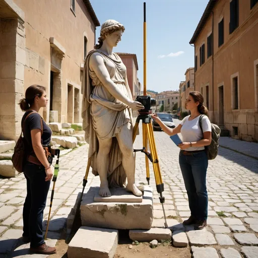 Prompt: Create an image of a group of  civil engineer female Greek statue surveing roman stone routh in the context of ancient Rome before Christ, doing and engaged in surveying dimentioning exploring and constructing a stone road. The statue must be using modern surveying tools, such as total station and Teodolite or GPS and advanced measuring instruments. roman stone Road in the line head to pathenon background, The image should be a full-body, wide-angle panorama view proportion 16:9 and appear as if taken with Kodak color film, giving it a classic and timeless feel.