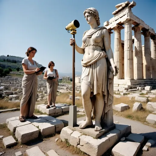 Prompt: Create an image of a group of   female Greek statue of civil engineer role surveing roman stone routh with nowaday intruments such as total station and theodolite in the context of ancient Rome before Christ, doing and engaged in surveying dimentioning exploring and constructing a stone road. The statue must be using modern surveying tools, such as total station and Teodolite or GPS and advanced measuring instruments. roman stone Road in the line head to pathenon background, The image should be a full-body, wide-angle panorama view proportion 16:9 and appear as if taken with Kodak color film, giving it a classic and timeless feel.