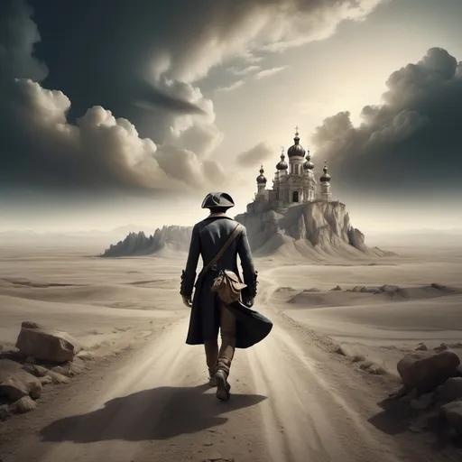 Prompt: A man leaving his country in a desolate landscape with the Baroque style