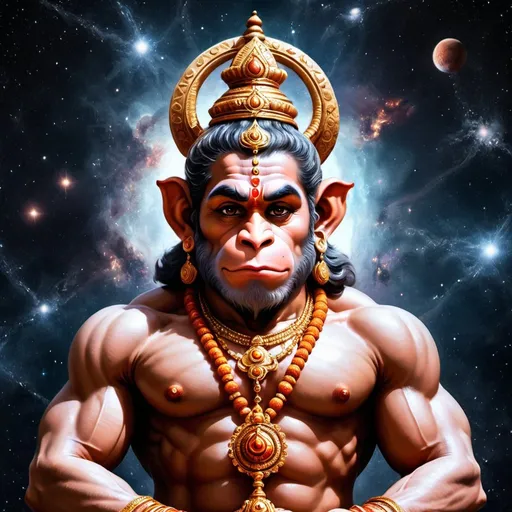 Prompt: Hyper realistic image of Lord Hanuman meditating in the cosmos