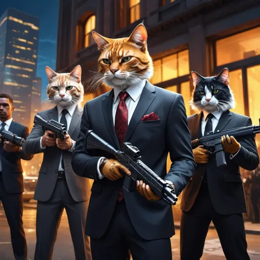 Prompt: a group of people in suits and cats with guns in front of a building with a cat in the middle of the photo, Carlos Catasse, furry art, unreal engine highly rendered, a stock photo