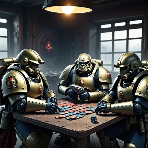 Prompt: Warhammer 40k Marines playing Uno, intense game, detailed armor, dynamic composition, high quality, digital art, sci-fi