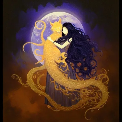 Prompt: A cute woman with long curly black hair holding her beautiful cute little dragon,

the moon and earth in background,

purple sky with clouds,

fantasy art style painting in the style of James C Christensen,

watercolor, detailed eyes,

full body shot.