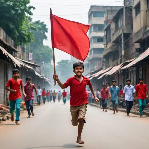 Prompt: 

"Create an image of a young Bangladeshi communist boy holding a red flag and running in a busy street of Dhaka. The boy should appear determined and passionate, with the red flag prominently displayed. The street should be bustling with people, traffic, and the typical hustle and bustle of Dhaka, including colorful rickshaws, street vendors, and a mix of modern and traditional buildings in the background. The overall scene should be dynamic and vibrant, capturing the energy and spirit of the city."