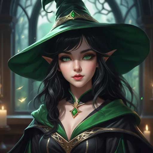 Prompt: high elf wizard girl, (medium-length wavy black hair), (green eyes), (black wizarding hat with green accents), (black robes with green accents), (fit and graceful), (adorable features), small cute nose, cupid bow lips, close-up portrait, dramatic lighting, mystical ambiance, serene background, ultra-detailed, high-quality изображение.  surrounded by (autumn leaves falling), illuminated by (soft natural light), captured in (high detail), showcasing a (serene and confident expression), embodying a sense of grace and beauty.