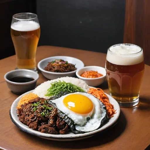 Prompt: a bibimpap an a glass of beer