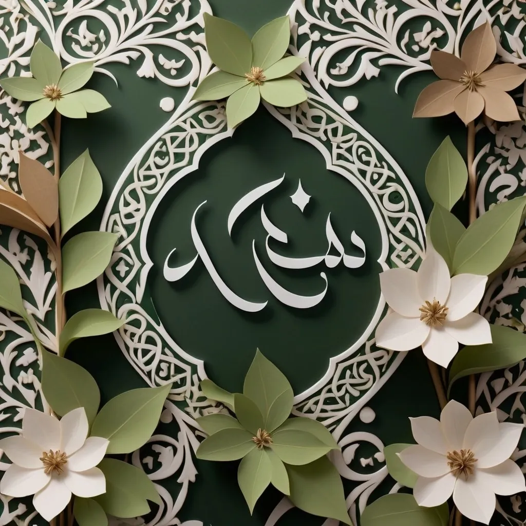 Prompt: black and white, beautifully styled Arabic text "شعيرة", elegant flowing script, surrounded by intricate floral patterns, soft natural tones of greens and browns, infused with elements of nature like leaves and delicate blossoms, serene and peaceful ambiance, light texture resembling handmade paper, ultra-detailed, perfect for a warm and inviting wallpaper.
