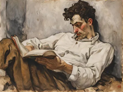 Prompt: A man who is lying at an angle and reading a book, a medieval European style, wearing a white shirt and brown pants, an oil painting, an impressionist style, an Egon Schiele style, a high definition 