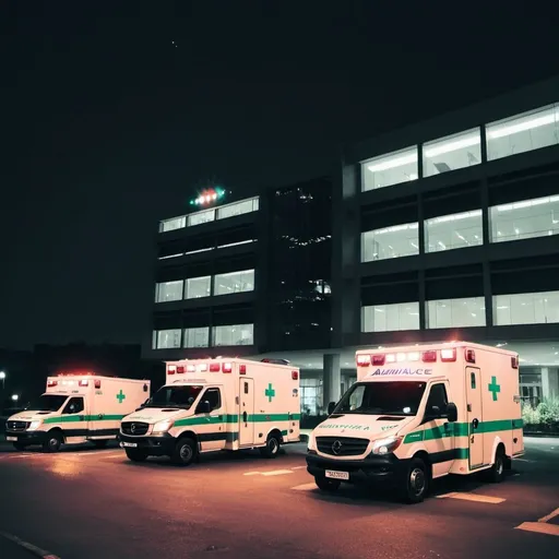 Prompt: 2 ambulance and luxury cars waiting outside hospital at night siren is glowing up of ambulance 