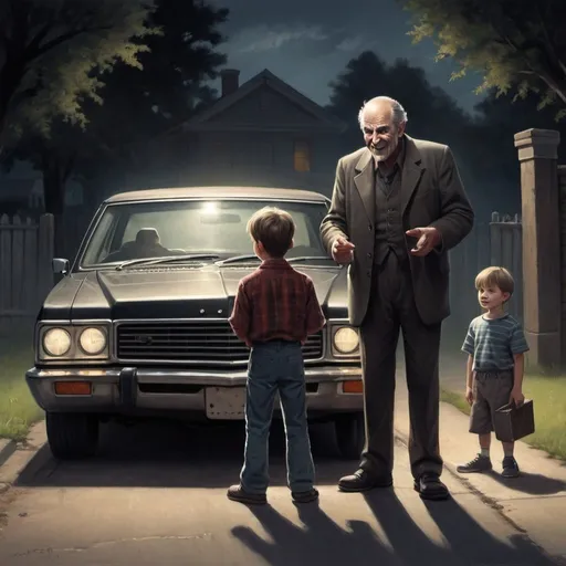 Prompt: Depict Dennis's uncle, a stranger with a sinister grin, standing by a dark hatchback car, inviting the child into the vehicle.

