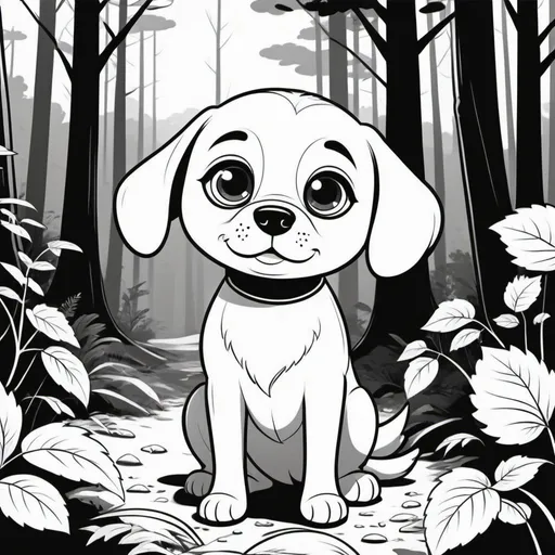 Prompt: cute dog in forest, big cute eyes, pixar style, simple outline and shapes, coloring page black and white comic book flat vector, white background