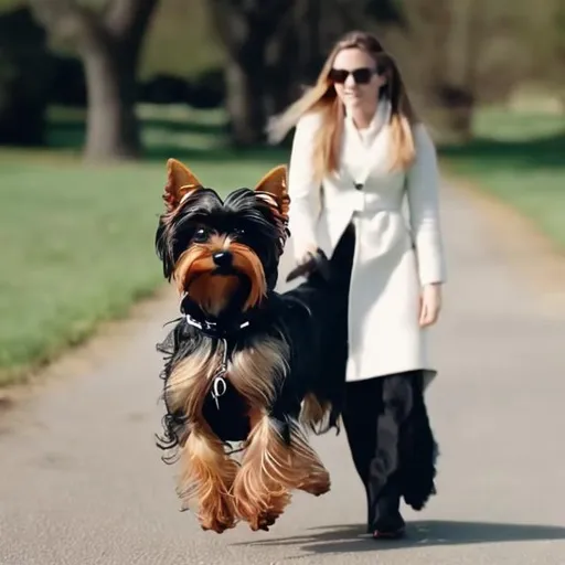 Prompt: A 10 second film of a woman walking her Yorkie dog