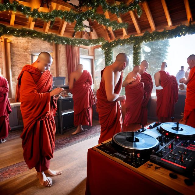 Prompt: Monks, on the djing decks, in the mountain, christmas  