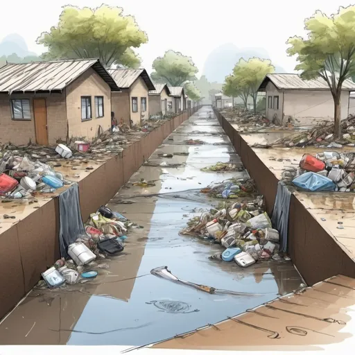 Prompt: sketch the floods with garbage and no electricity without science and technology