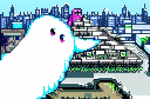 Prompt: a cartoon picture of a ghost with a city in the background and a bird flying over it's head, Ejler Bille, cubo-futurism, utopian, a microscopic photo