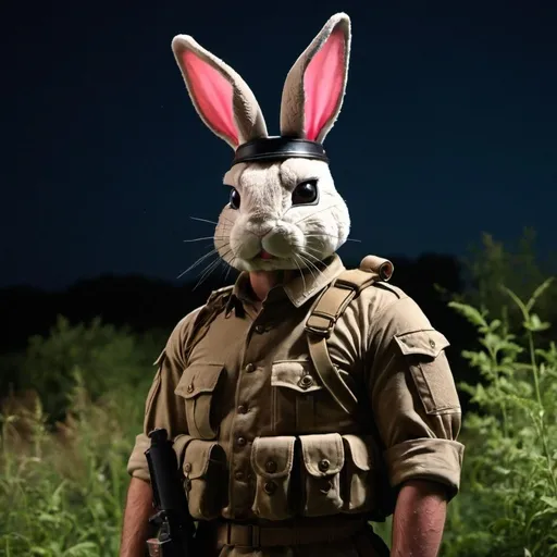 Prompt: A dark hot summer night with a Brittish soilder as a bunny 