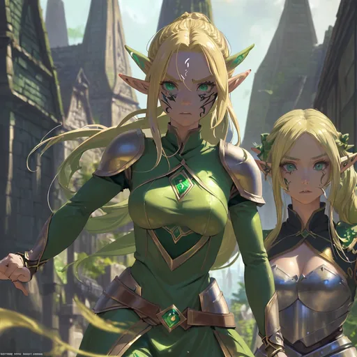 Prompt: an elf girl, anime, solo focus, ((light leather armor)), green eyes, (dynamic pose), (elf city), elvish architecture, (elvish facial tattoos), ((long blonde hair tied in a ponytail), fierce expression on her face, ((elves in the background)), looking at viewer, (((detailed face))), highly detailed, digital painting, HDRI, masterpiece, smooth, sharp focus, illustration, golden ratio, full body shot