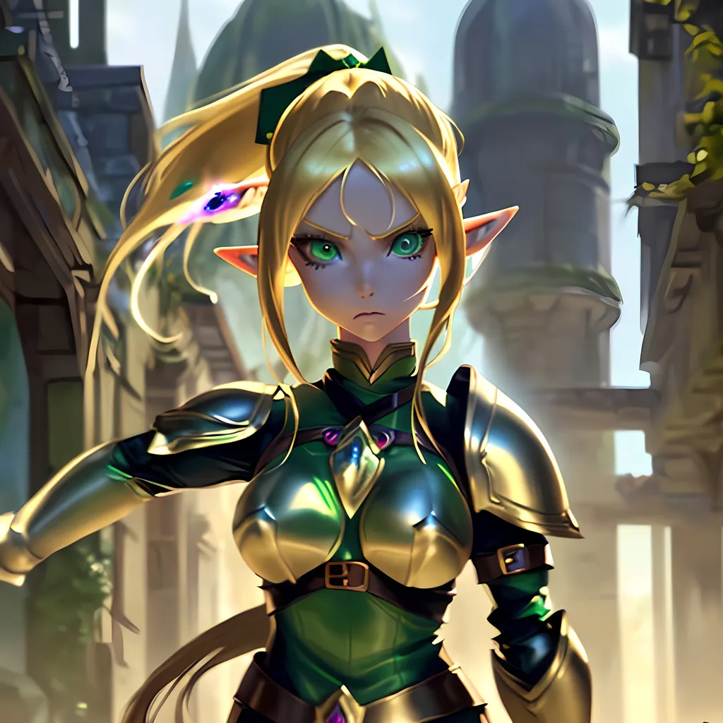 Prompt: an elf girl, anime, solo focus, ((light leather armor)), green eyes, (dynamic pose), (elf city), elvish architecture, (long blonde hair tied in a ponytail), fierce expression on her face, ((elves in the background)), looking at viewer, (((detailed face))), highly detailed, digital painting, HDRI, masterpiece, smooth, sharp focus, illustration, golden ratio, full body shot