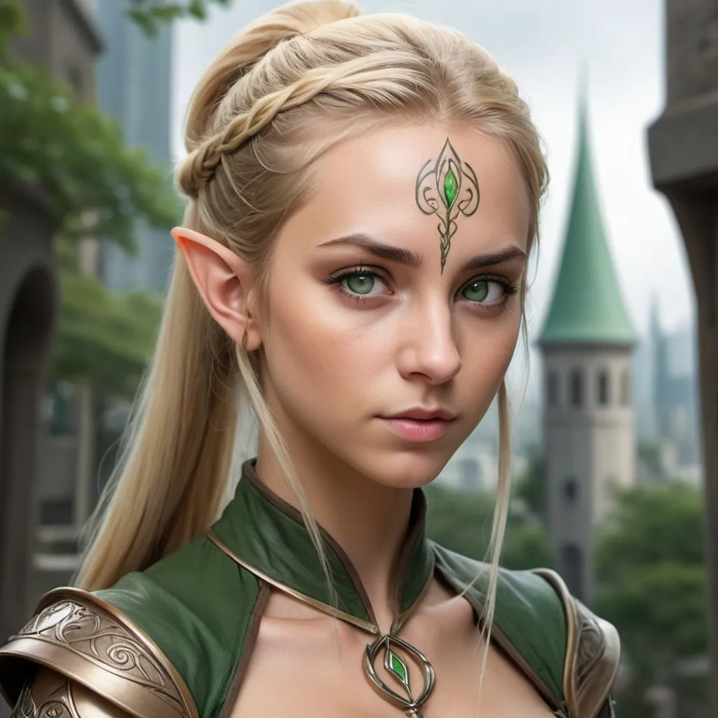 Prompt: an elf girl, anime, solo focus, ((light leather armor)), green eyes, (dynamic pose), (elf city), elvish architecture, (elvish facial tattoos), ((long blonde hair tied in a ponytail), fierce expression on her face, ((elves in the background)), looking at viewer, (((detailed face))), highly detailed, digital painting, HDRI, masterpiece, smooth, sharp focus, illustration, golden ratio, full body shot