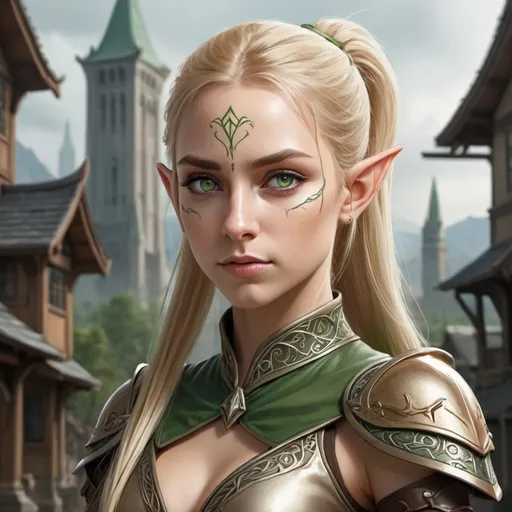 Prompt: an elf girl, anime, solo focus, ((light leather armor)), green eyes, (dynamic pose), (elf city), elvish architecture, (elvish facial tattoos), ((long blonde hair tied in a ponytail), fierce expression on her face, ((elves in the background)), looking at viewer, (((detailed face))), highly detailed, digital painting, HDRI, masterpiece, smooth, sharp focus, illustration, golden ratio, full body shot