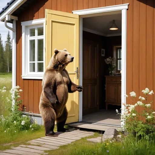 Prompt: the scenery is a swedish v�sterbottensg�rd. its spring and nature all around. a brown bear stands on two legs, waiting by the door to come in.