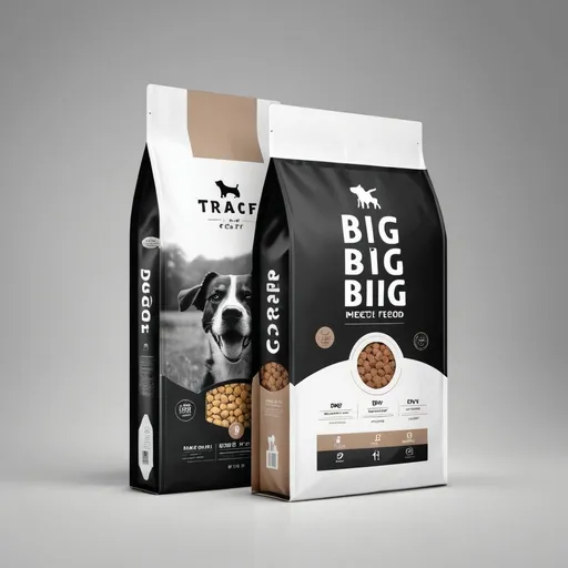 Prompt: Big craft packaging of dry dog ​​food in black, gray and white 