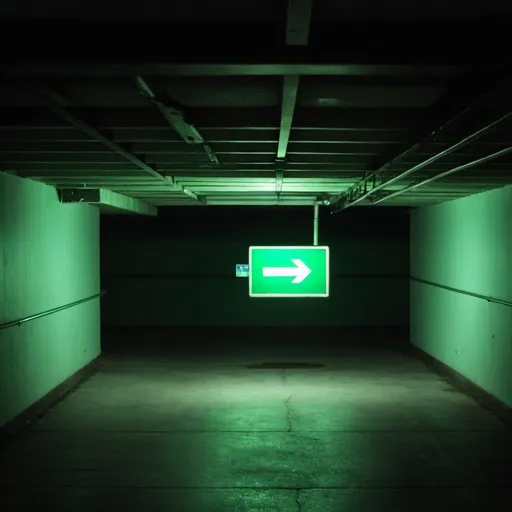 Prompt: a photo from far away of a green exit sign lamp in a dark empty underground car park